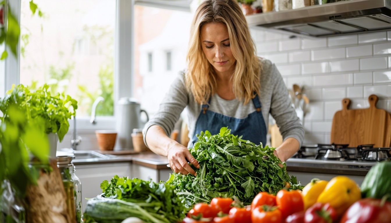 A woman in her late 30s carefully sorting food waste for composting.