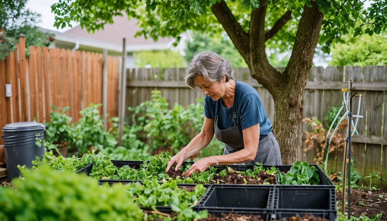A woman composting food scraps in a small urban garden.