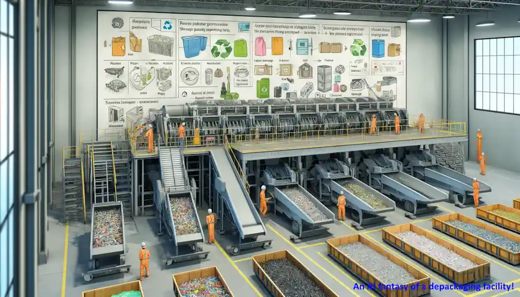 An AI fantasy image of equipment in a waste depackaging facility.