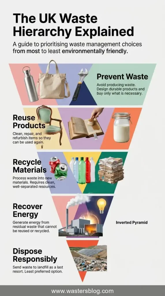 How to Divert Food Waste from Landfill - Infographic showing the: Five Stages of the UK Waste Hierarchy Explained.
