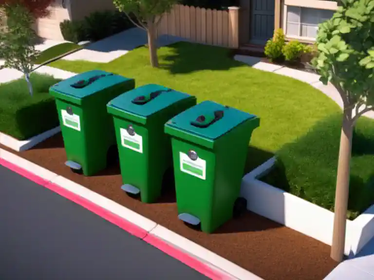 California Food Waste Recycling: A California residential neighbourhood with distinct green waste bins lined up for collection.