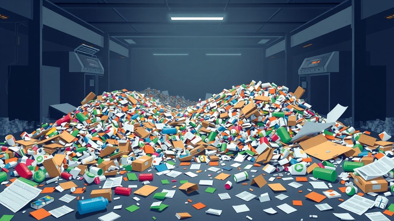 A cluttered recycling facility with mixed-up materials and high error rates.