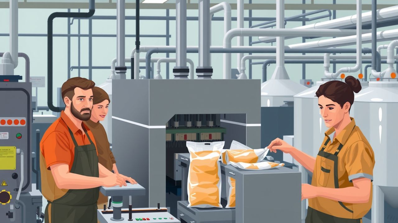 Workers operating modern depackaging machine in busy biogas plant.