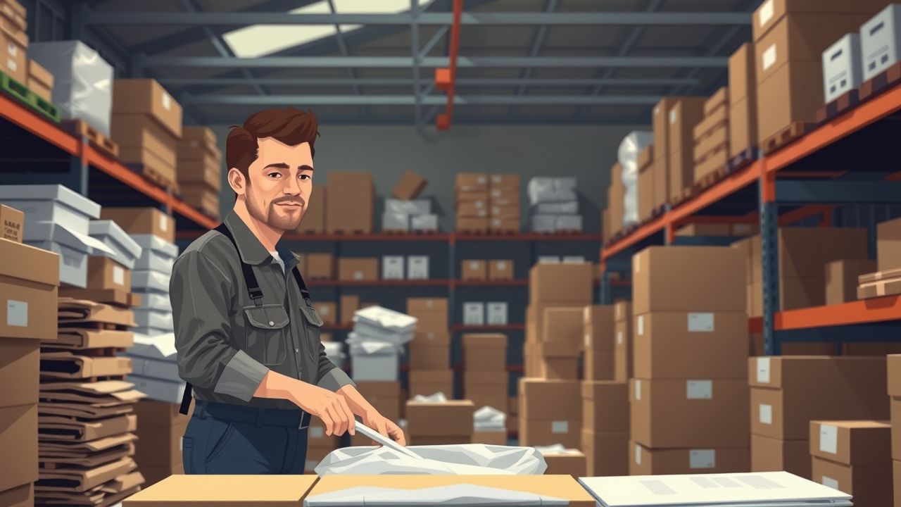 A man in his 30s is organizing materials in a warehouse. Is this really Cost-Effective Depackaging?