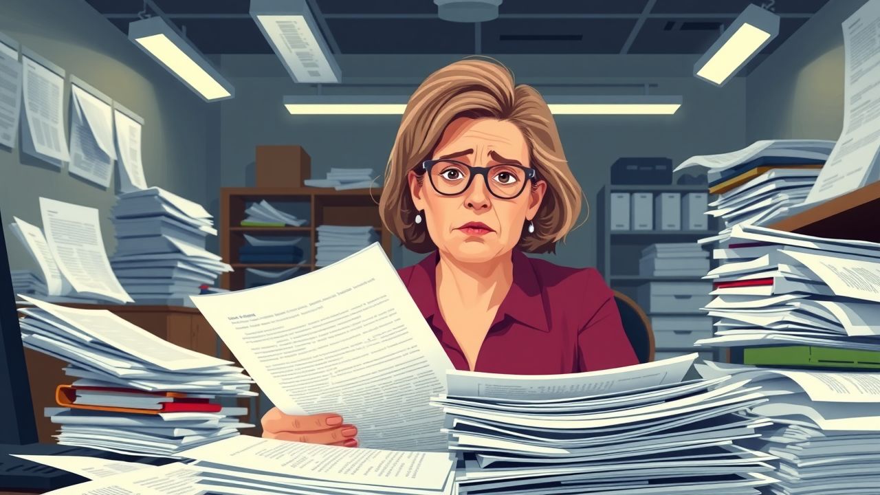 A woman in a cluttered office struggles to understand complex regulations.