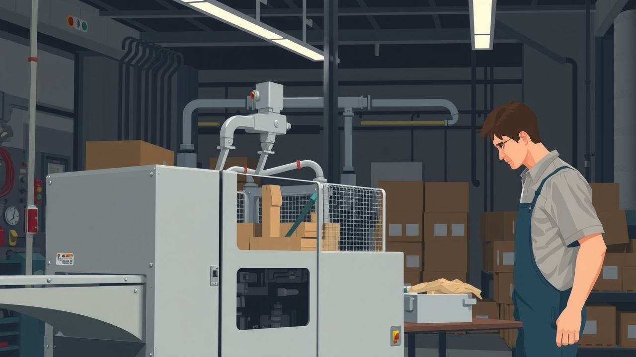 A technician is conducting routine maintenance on an industrial depackaging machine.