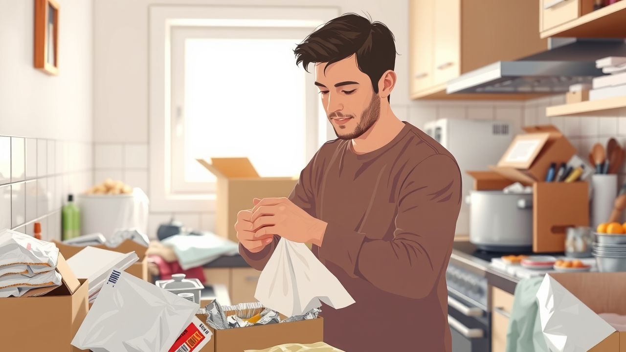 A person unwrapping food items in a cluttered kitchen.