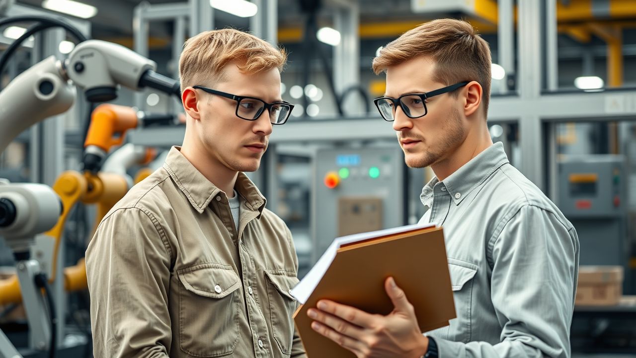 A male engineer in his mid-30s is studying a modern depackaging machine.