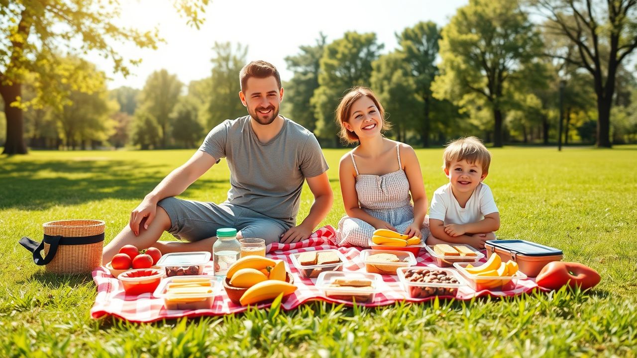 A family enjoys a picnic in the park with eco-friendly items.