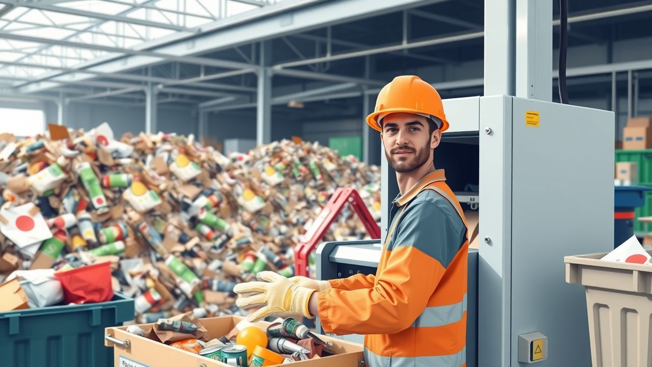 A person operates a depackaging machine in a busy recycling facility.