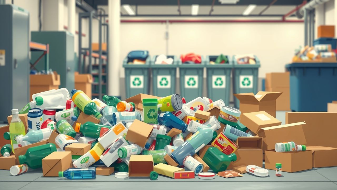 A recycling plant with various packaging materials and waste bins.