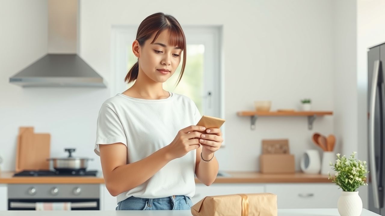 A woman unwraps eco-friendly packaging in a modern kitchen.