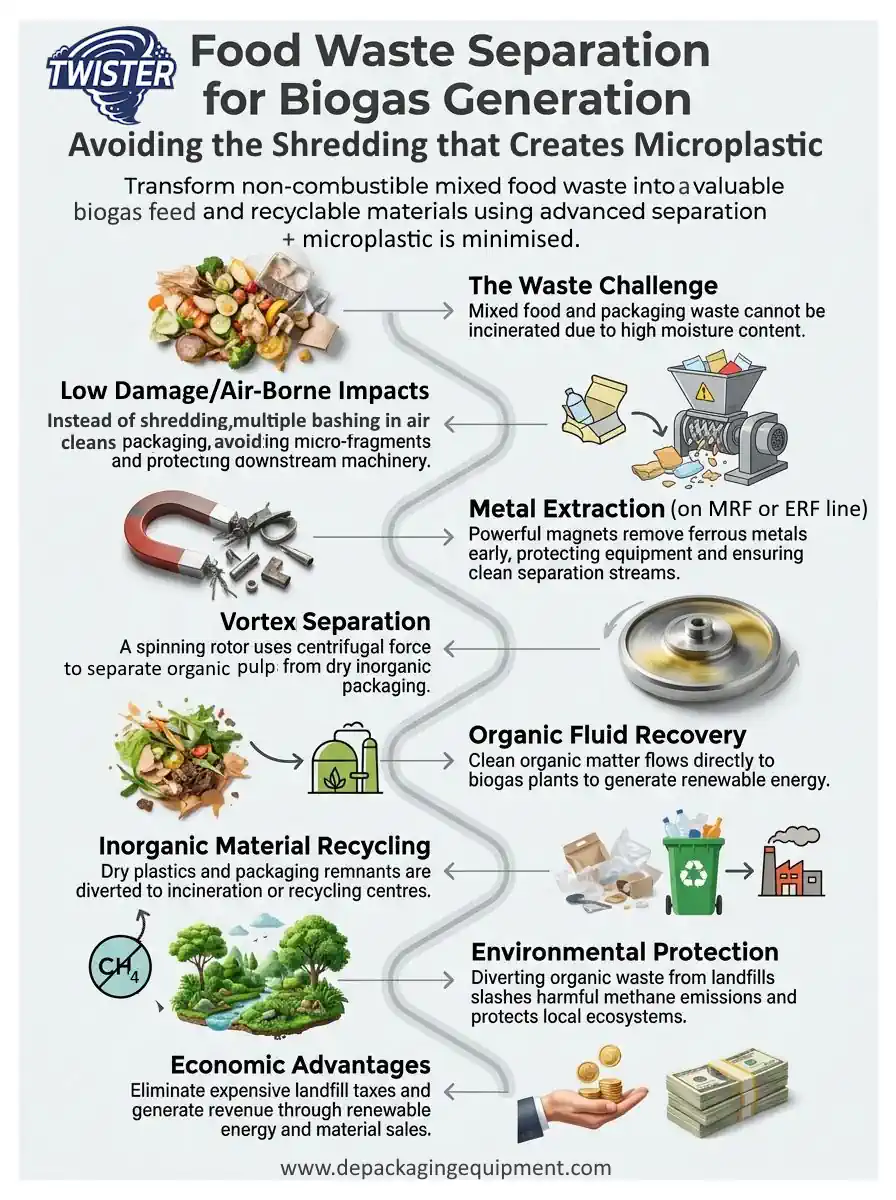 Infographic -Drycake Twister Waste Food Depackager for Efficient Food Waste Separation-for Biogas Feed Pulp and Rejects Recycling.