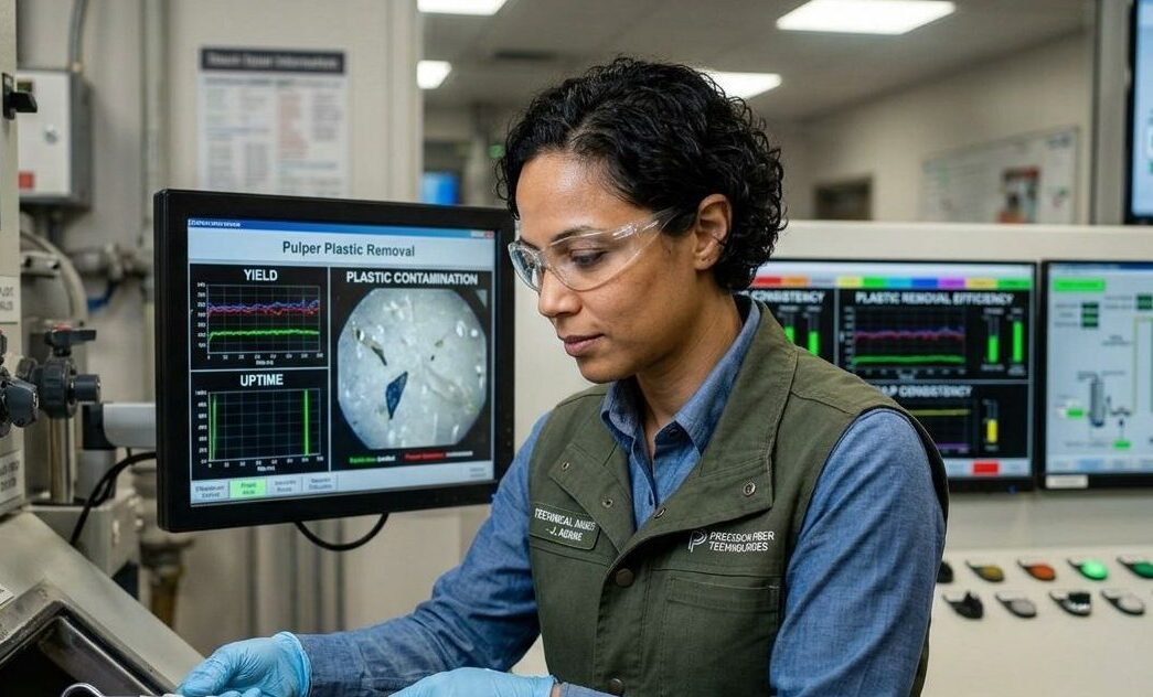 A woman in a waste management facility laboratory surrounded by screens monitoring food waste and other equipment.