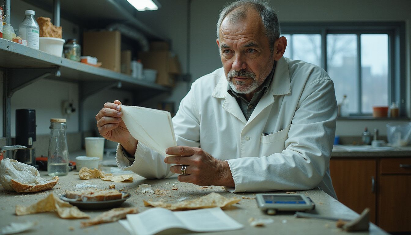 Middle-aged man examines packaging film at a cluttered workbench.